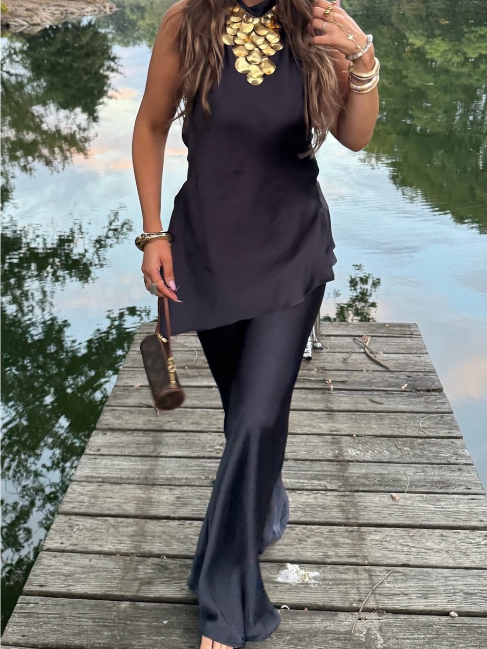 Navy Silk Zara Two-Piece Pant Set